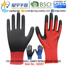 13G Poliéster Shell Sandy Nitrile Palm Coated Gloves (N2001) com CE, En388, En420, Luvas de Trabalho