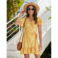 Women's Summer Wrap V Neck Print Ruffle Dress