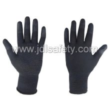 Gants de travail noir PU doigt dessus et PVC Mini points (PN8018)