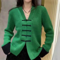 Chinese style fashion button V-neck knitted cardigan