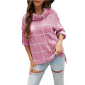 Women Pullover Sweater Turtleneck Plaid Long Sleeve