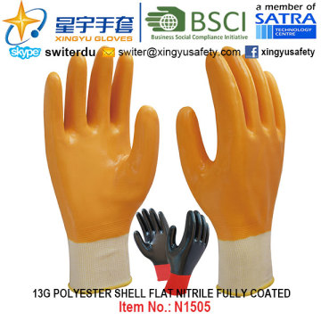 13G Polyester Shell Nitrile Fully Coated Gloves (N1505) Smooth Finish with CE, En388, En420, Work Gloves