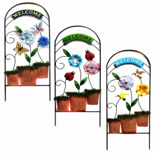 Metal Flowerpot "Welcome"Garden Fence Craft with Cloth Flower