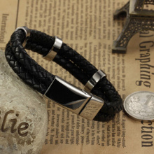 stainless steel genuine leather punk biker bracelet