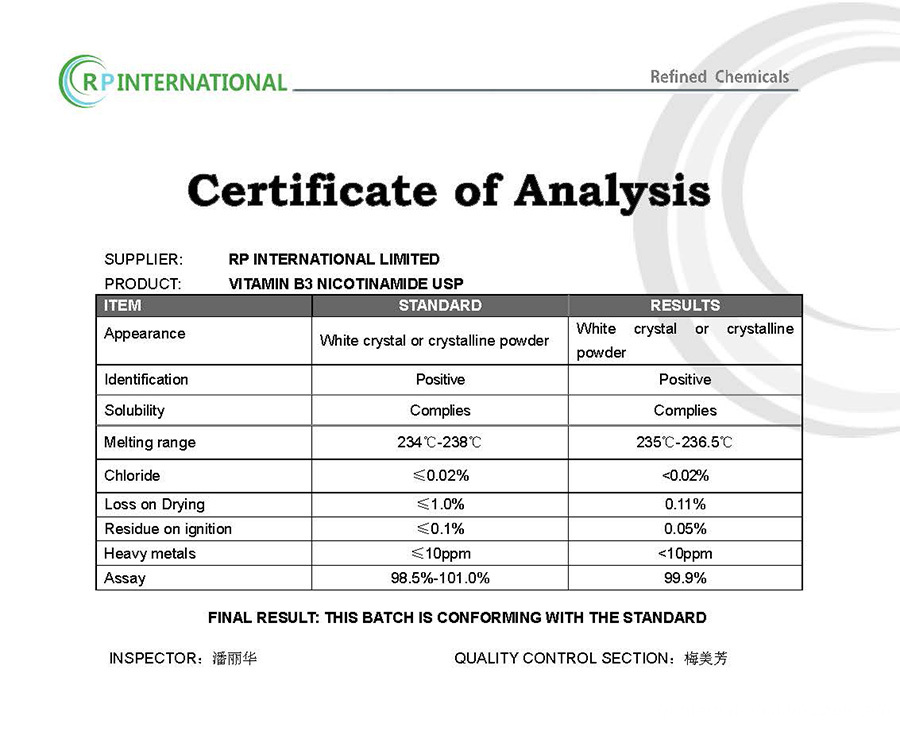 Specification-Vitamin B3 Niacin