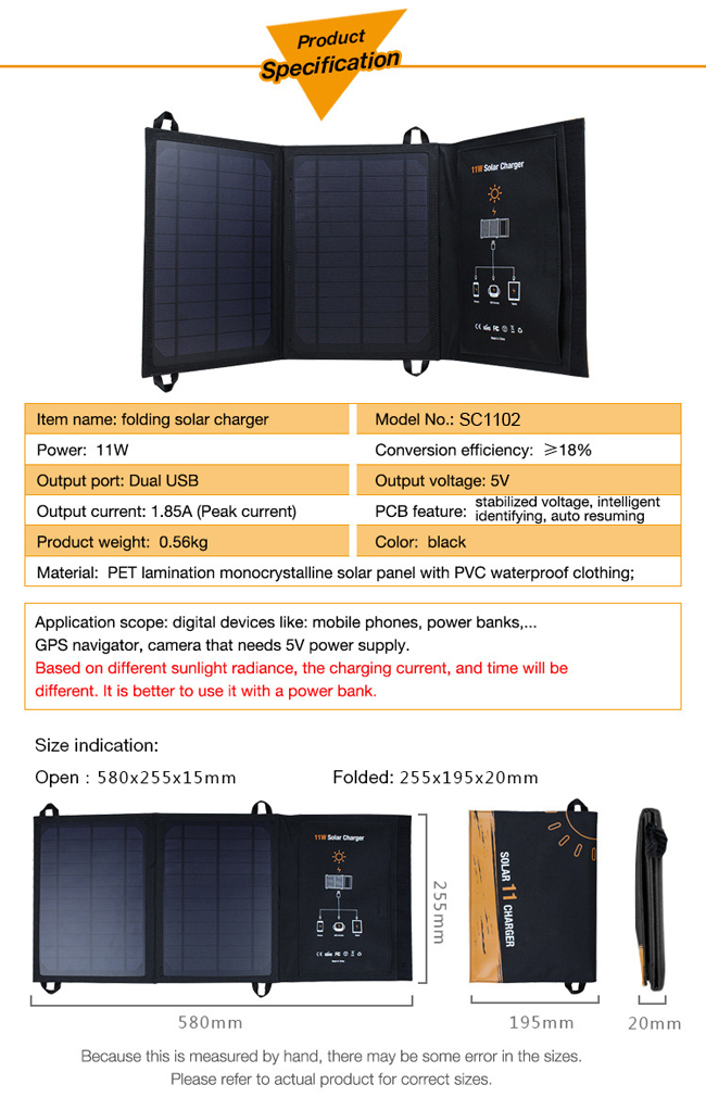 11W Fast Dual USB Ports Sun Power Charger Foldable Solar Charger