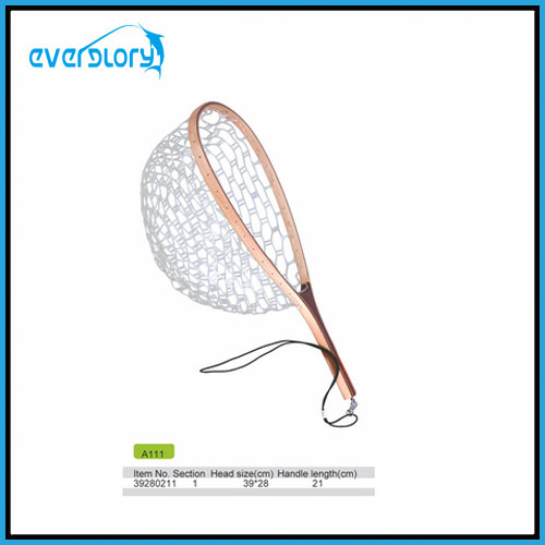 Wood Grip Fly Fishing Net Fishing Tackle with Rubber Net