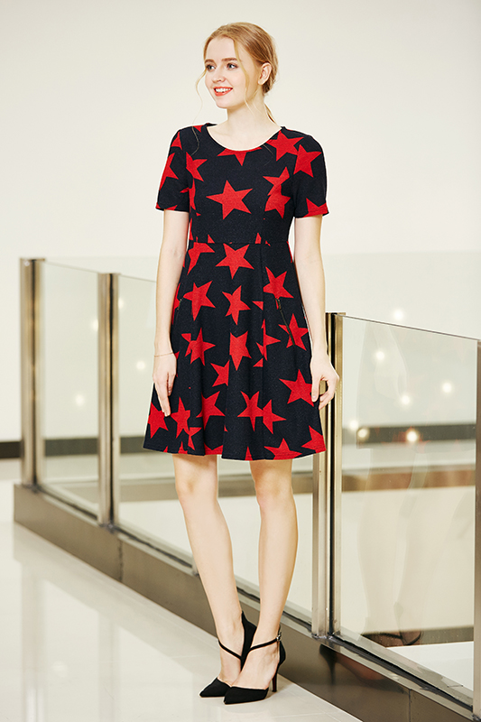 Short Sleeve High Waist Winter Swing Dress in Star Printing Fabric