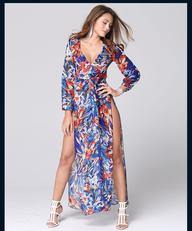 Sexy Casual Dress Long Sleeve Deep V Neck Two Split Printing Long Maxi Dress