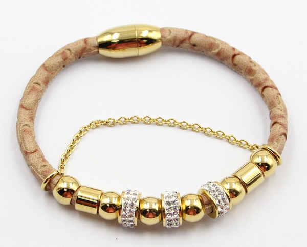 Fashion Magnet Leather Bracelet with Gold Plated Stainless Steel Bead & Zirconia Beads