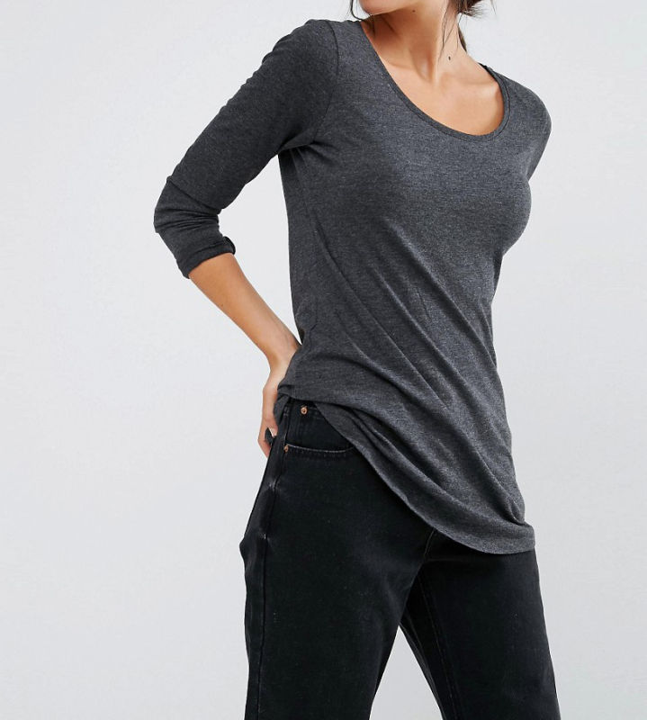 Cotton/Polyester Fashion Blank Women Long Sleeve Curve Hem T-Shirt