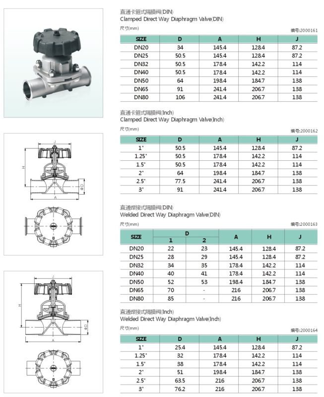 Hot Sale Sanitary Tri-Clamp Stainless Steel Diaphragm Valve