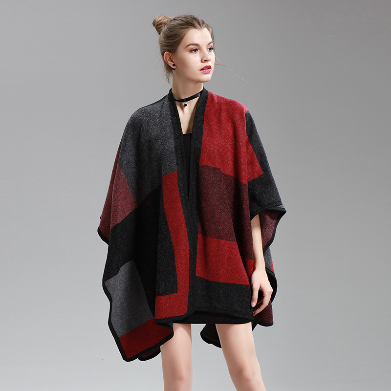 Womens Cashmere Feel Checked Printing Fancy Cape Stole Poncho Shawl (SP296)