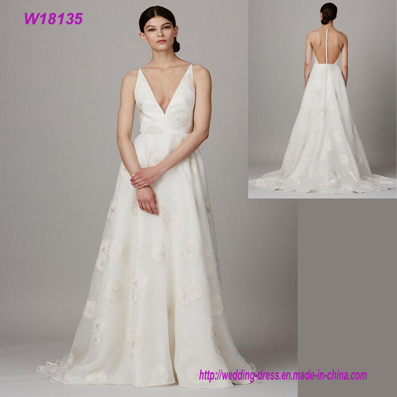 Hot Sell Formal Bridal V-Neck Transparent Back Wedding Dress Wholesale