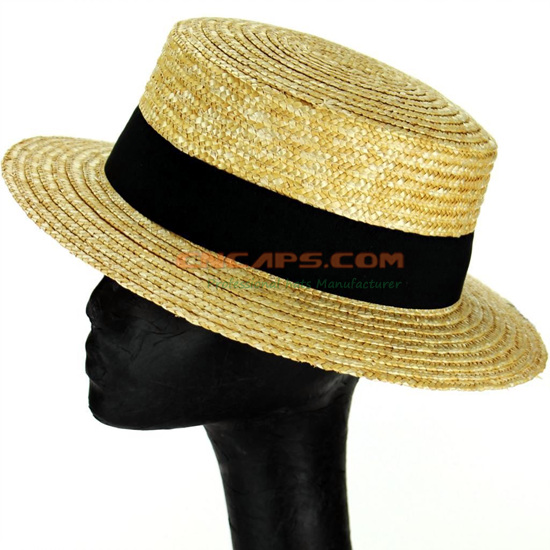 Custom Natural Wheat Straw Boater Hat with Plain Top