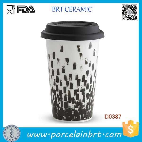 Double Walled Black Ceramic Stamp Travel Mug with Silicone Lid