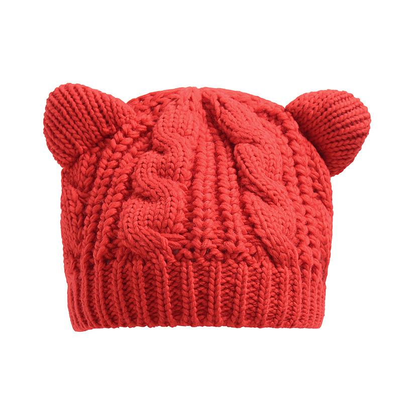 Women Girl Cute Cat Ear Cable Twist Knitted Meow Cap Beanie Winter Autumn Hats (HW103)