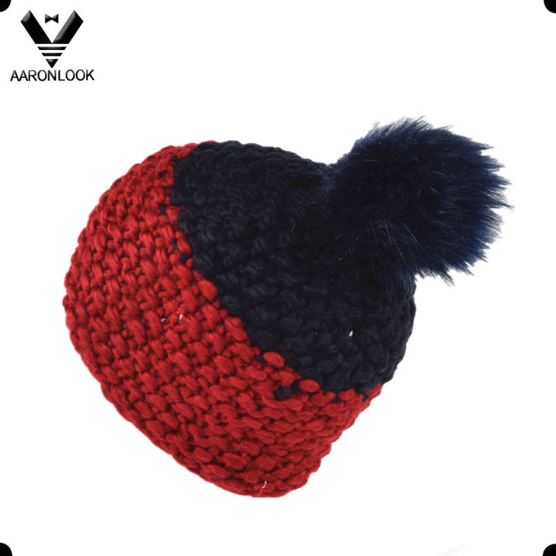 Fashion Thick Yarn Hand Knit Hat with Fur Ball