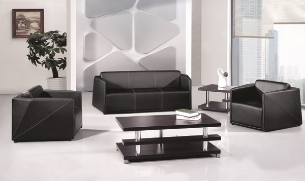 Black Pure Leather Cowhide Modern Office Sofa