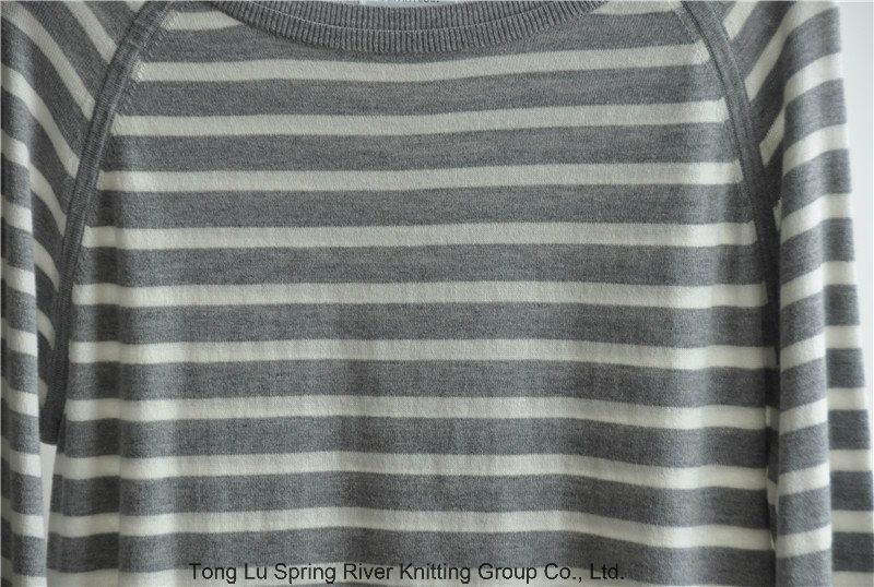Ladies Round Neck Striped Pullover Knit Sweater