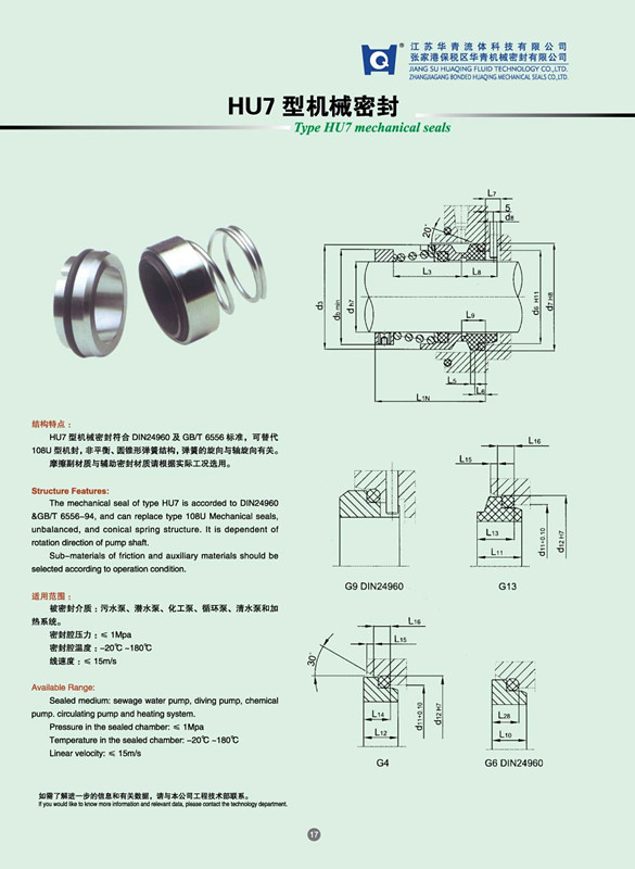 M3N Standard Mechanical Seal for Pump (HU7)