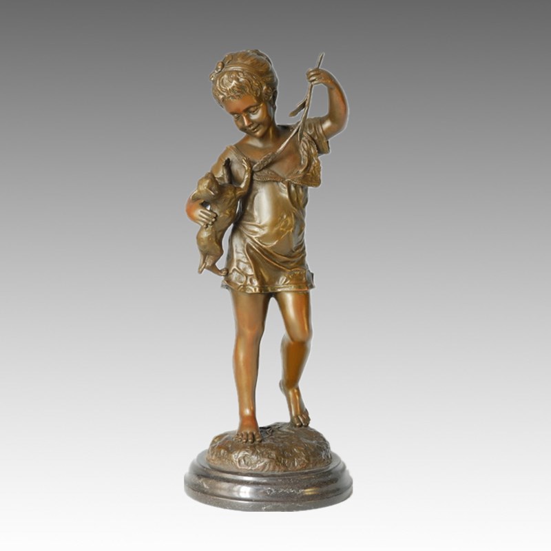 Kids Statue Girl and Cat Bronze Child Sculpture, Emile-Henri Laporte TPE-352