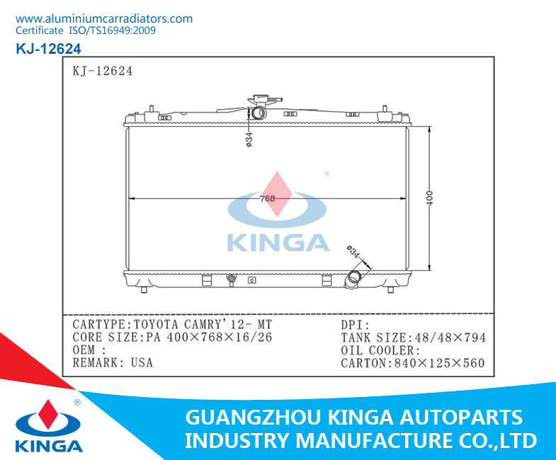 Car Radiator for Toyota Camry'12 for USA After Market