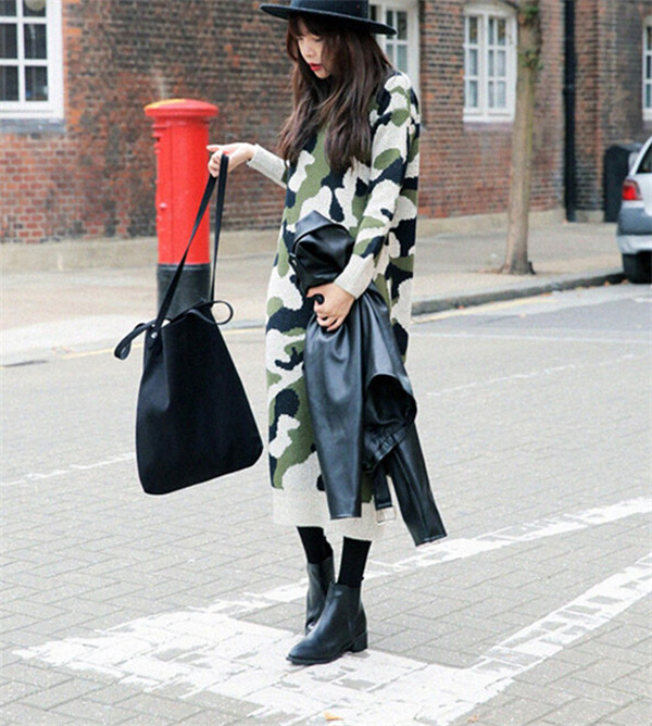 Korean O-Neck Camouflage Sweater Hoodies Knitting Dress