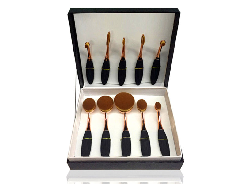 10PCS Rose Gold Handle Oval Makeup Brush Set with Black Box