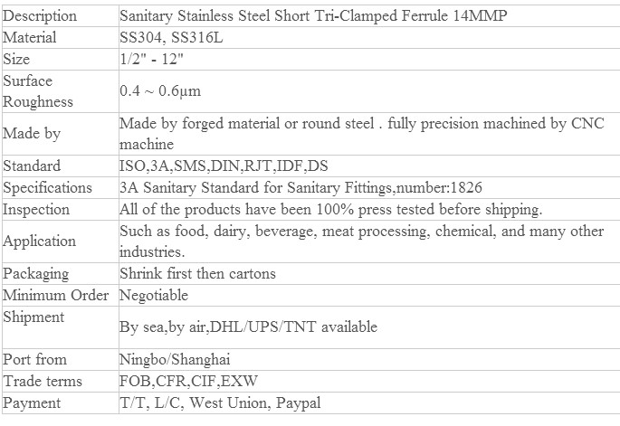 Sanitary Stainless Steel Short Tri-Clamped Ferrule 14mmp