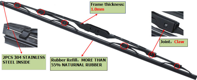 T710 Driver Passenger Vehicle Smooth Quiet Streak-Free Windshield Stealth Stainless Steel Rubber Silicone Frame Wiper Blade