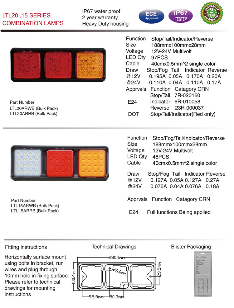 Ltl20 IP67 Waterproof Stop/Rev E-MARK Tail Light