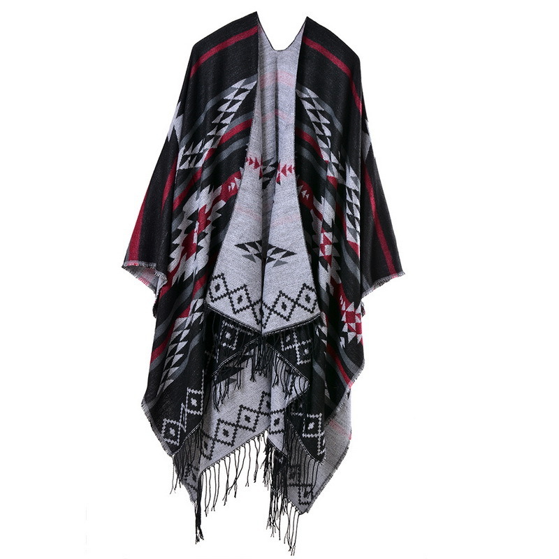 Women's Color Block Open Front Blanket Poncho Bohemian Cashmere Like Cape Thick Warm Stole Throw Poncho Wrap Shawl (SP224)