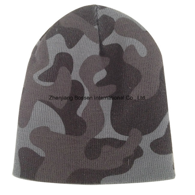 Customized Army Green Camouflage Printed Winter Sports Snowboard Acrylic Knitted Beanie Cap