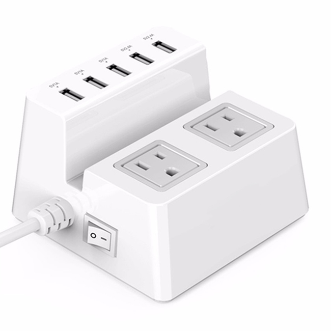 Smart Charging Desktop Charger with 2 AC EU Us Au UK Outlets and 5 Ports USB Charger