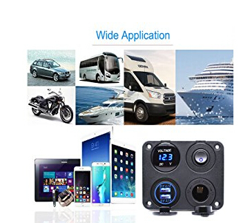 4 in 1 Charger Socket Panel, Dual USB Socket Charger 2.1A + Blue LED Voltmeter + 12V Power Outlet + on-off Toggle Switch, Four Functions Panel for Car Boat Mari