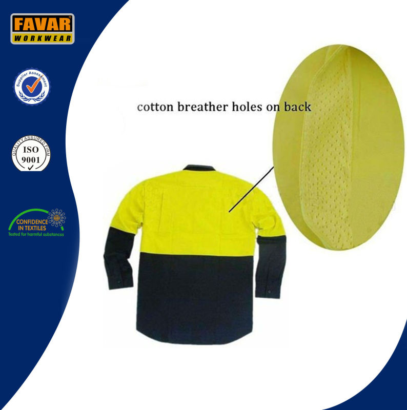 Fluro Yellow Cotton Drill Summer Long Sleeve Shirt Safety Workwear with Mesh Vent