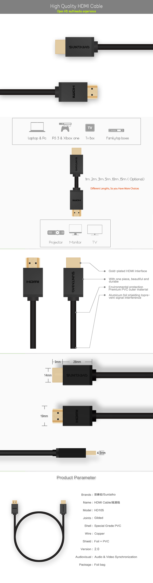 High Speed 2.0 Version Male to Male HDMI Cable for HD