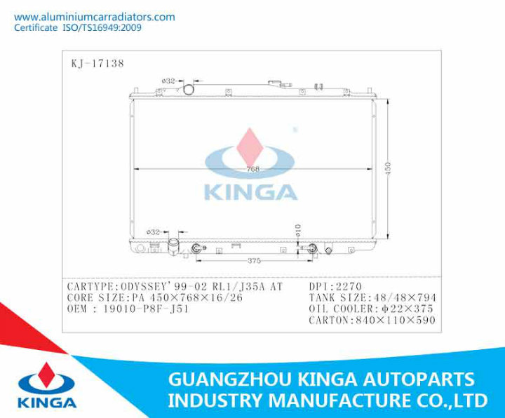 Cooling Efficient Radiator for Honda Odyssey'99-02 Rl1/J35A China Supplier