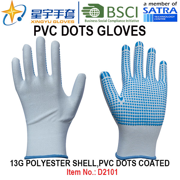 Work Gloves, 13G Polyester Shell PVC Dots Coated Gloves (D3101) with CE, En420