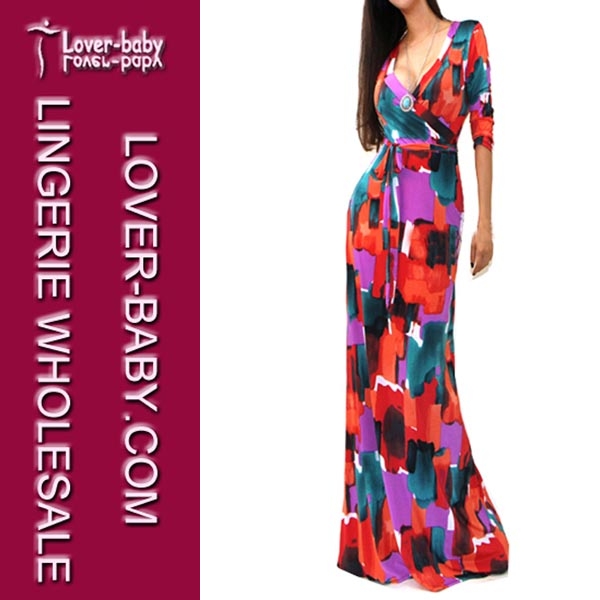 Woman Fashionable V-Neck Long Sleeve Maxi Long Gown Dress (L51208-3)