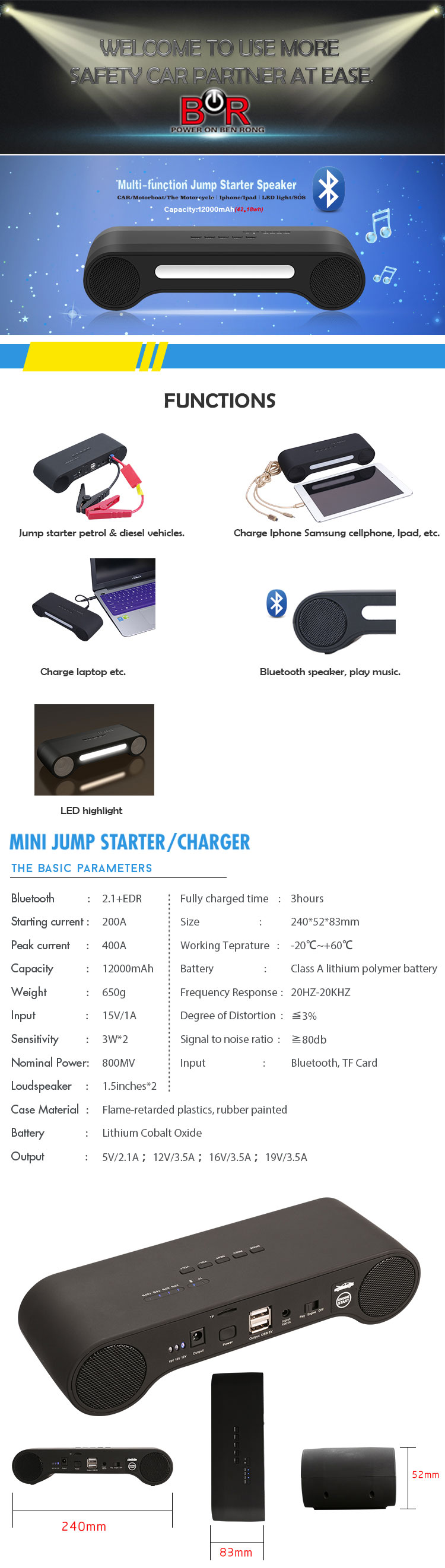 Mini Auto Starter Speaker Jump Start with 12000mAh