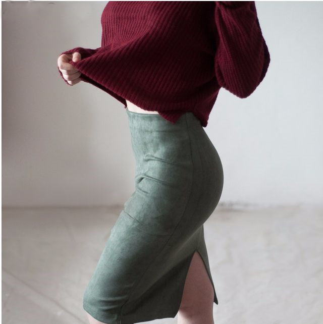 Women Suede Skirt Package Hip Pencil Skirt Bodycon Skirt MIDI Skirt