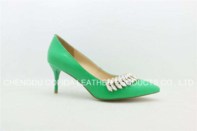 Fresh Green Leather Women Shoe with Fashion Diamond