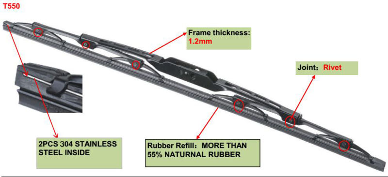 T550 4s Shop Car Vehicle Auto Parts All Season Stainless Steel Clear View Windshield Frame Wiper Blade with Spray Nozzle