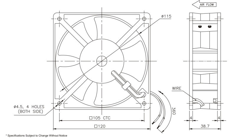 120mmx120mm X38mm High Air Impedance Axial Fans, AC120508 for High Temperature Environment