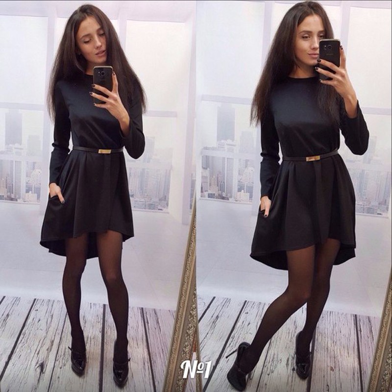 2016 Long Sleeve Pure Color Seam Detail Latest Design Women Fashion Tunic Dress