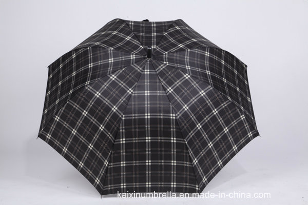 Black Grid Design Straight Umbrella with Silver Plating Handle