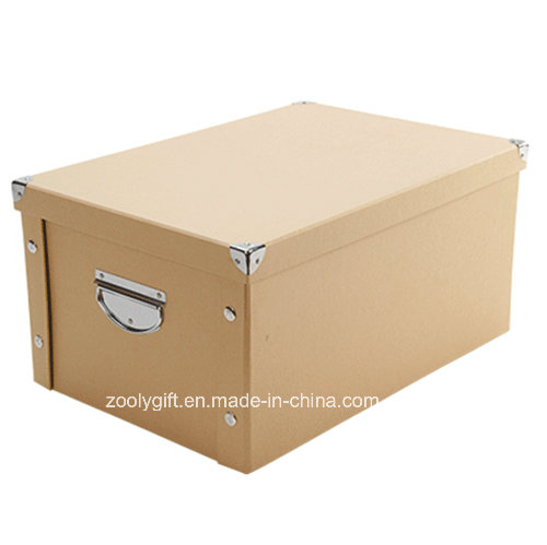 Multipurpose Strong Kraft Paper Cardboard Foldable Storage Box with Metal Button and Handle for Office / Home Packing