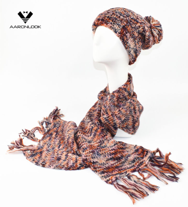 Lady's Space Dyed Multicolor Knitted Set Scarf and Hat